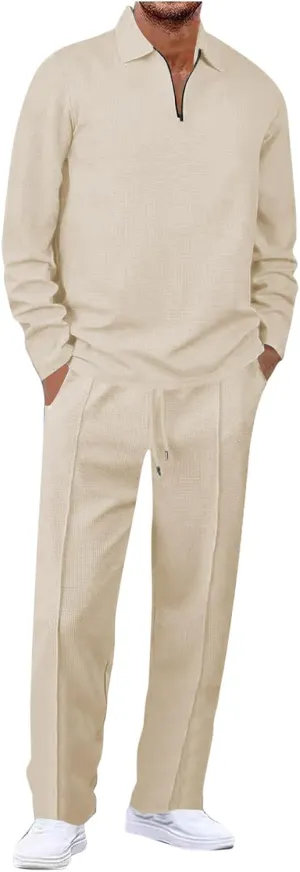 Mens Track Suits 2 Piece Set Waffle Quarter Zip Casual Athletic Jogging Outfits Long Sleeve Track Suits for Men Set