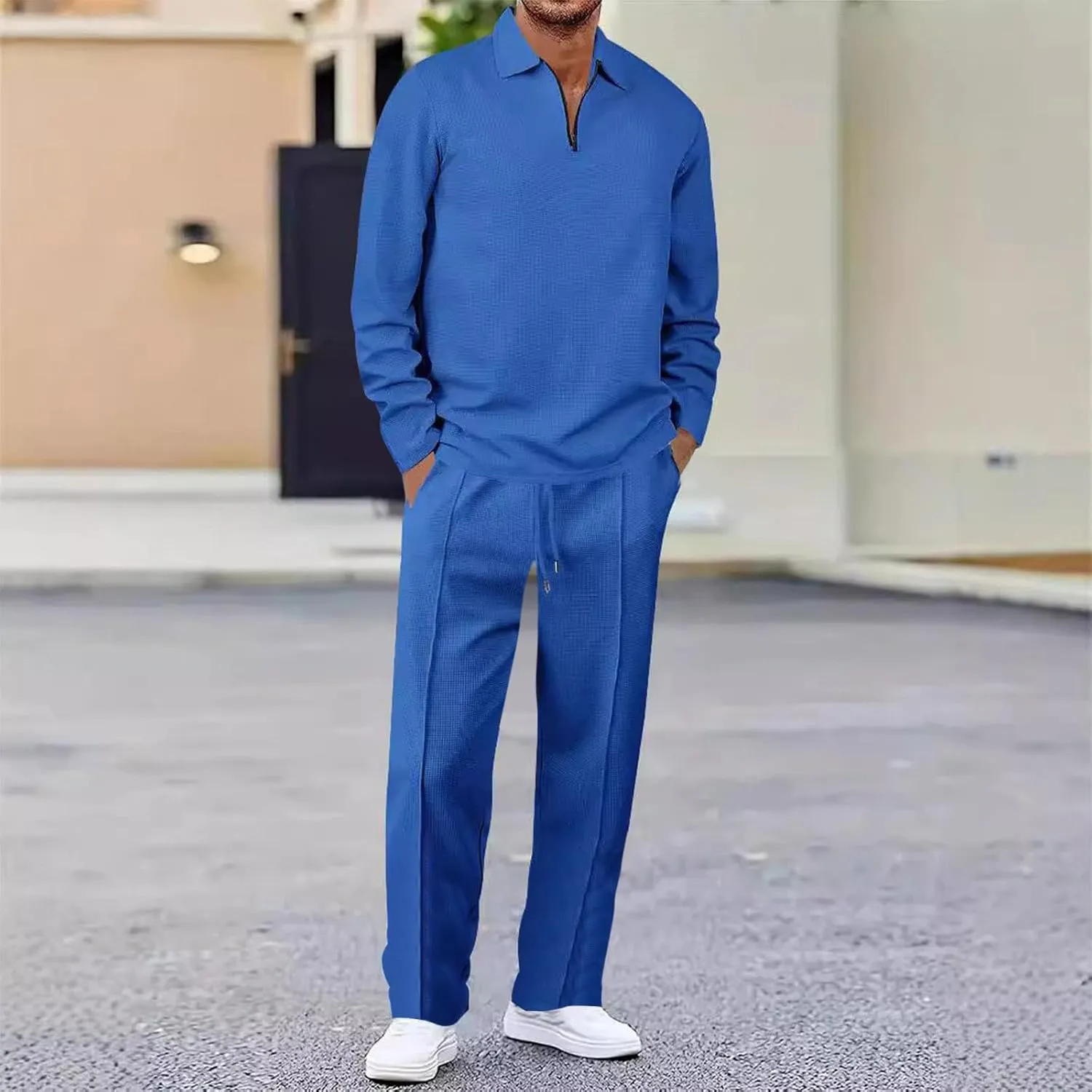 Mens Track Suits 2 Piece Set Waffle Quarter Zip Casual Athletic Jogging Outfits Long Sleeve Track Suits for Men Set