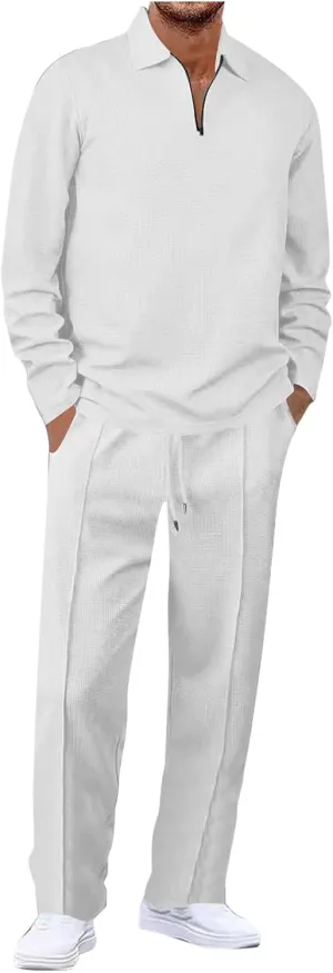 Mens Track Suits 2 Piece Set Waffle Quarter Zip Casual Athletic Jogging Outfits Long Sleeve Track Suits for Men Set