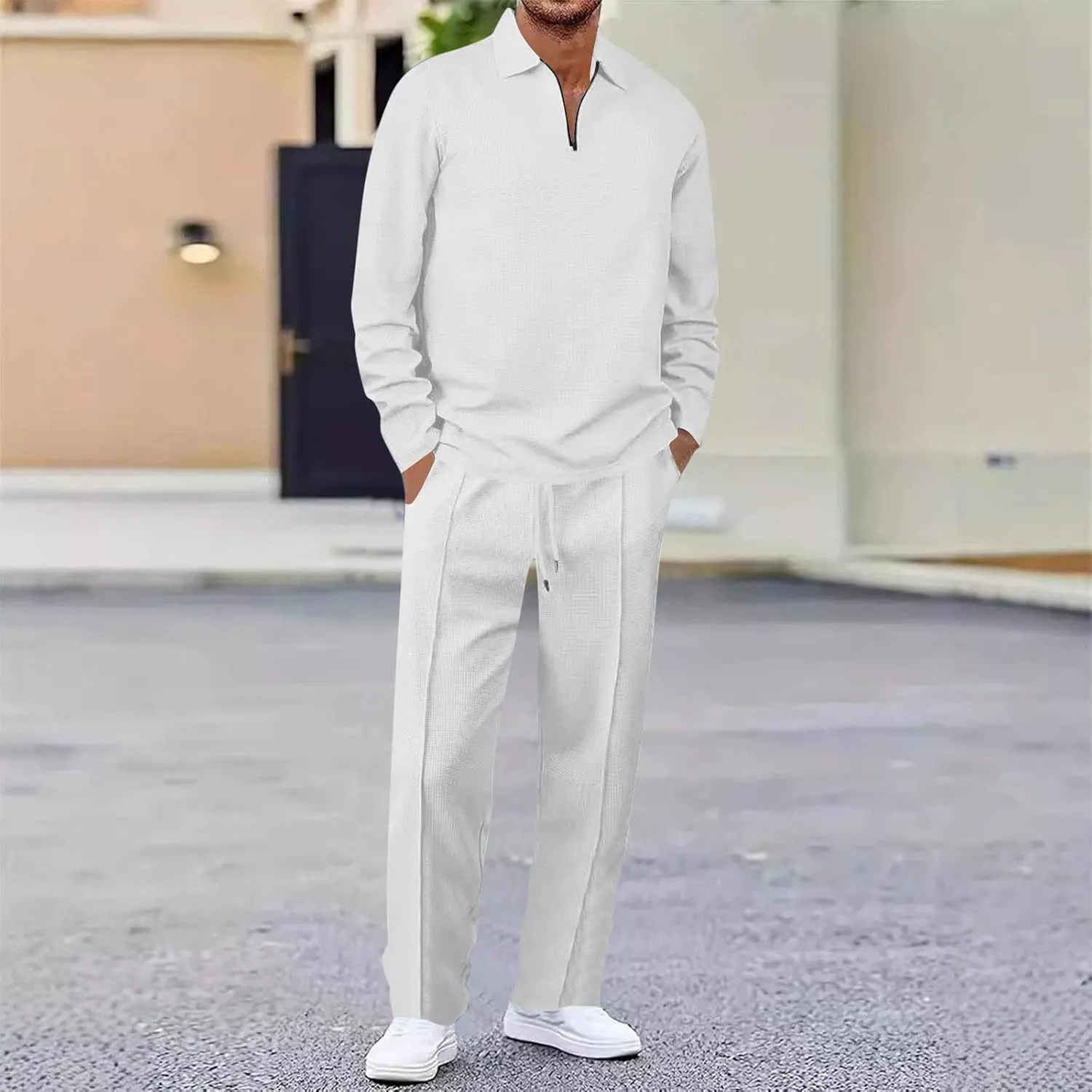 Mens Track Suits 2 Piece Set Waffle Quarter Zip Casual Athletic Jogging Outfits Long Sleeve Track Suits for Men Set