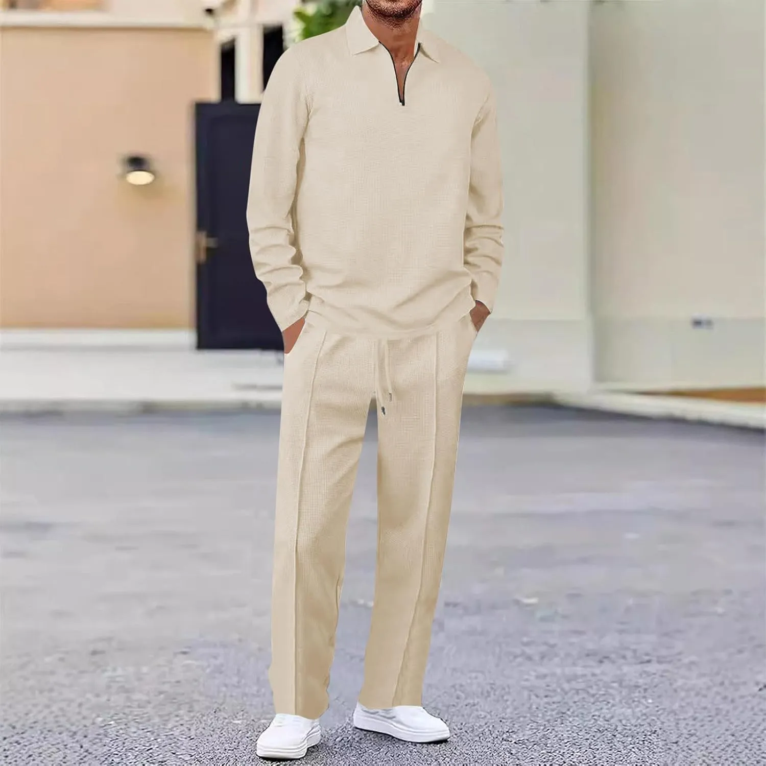 Mens Track Suits 2 Piece Set Waffle Quarter Zip Casual Athletic Jogging Outfits Long Sleeve Track Suits for Men Set