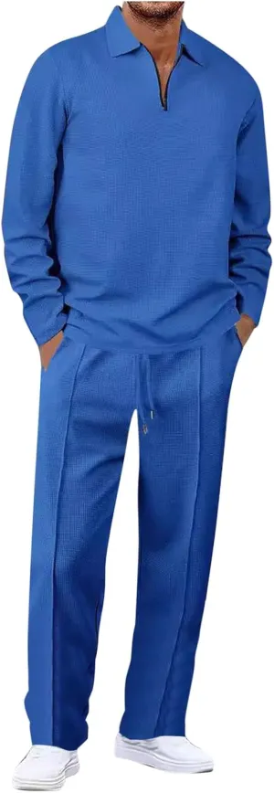 Mens Track Suits 2 Piece Set Waffle Quarter Zip Casual Athletic Jogging Outfits Long Sleeve Track Suits for Men Set