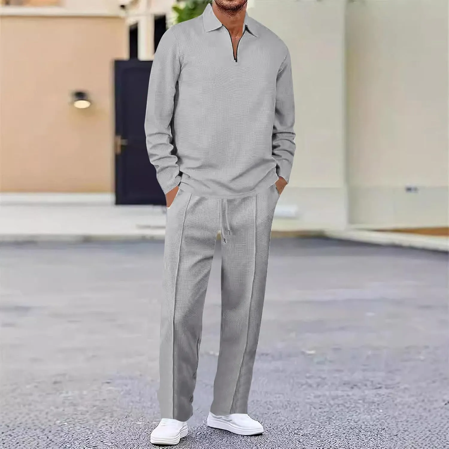 Mens Track Suits 2 Piece Set Waffle Quarter Zip Casual Athletic Jogging Outfits Long Sleeve Track Suits for Men Set