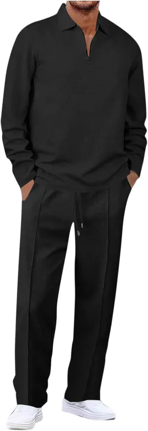 Mens Track Suits 2 Piece Set Waffle Quarter Zip Casual Athletic Jogging Outfits Long Sleeve Track Suits for Men Set