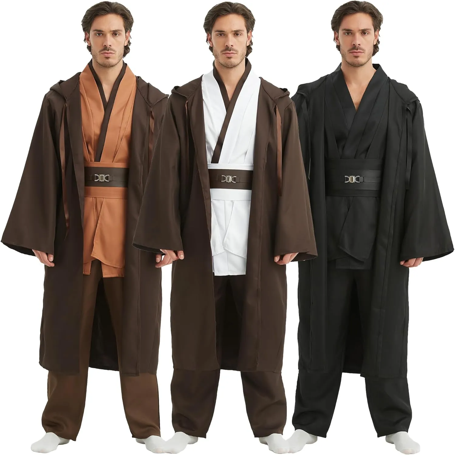 Men's Tunic Costumes Adult Tunic Hooded Robe Set Halloween Cosplay Costumes Knight Cloak With Pocket (Brown, Medium)