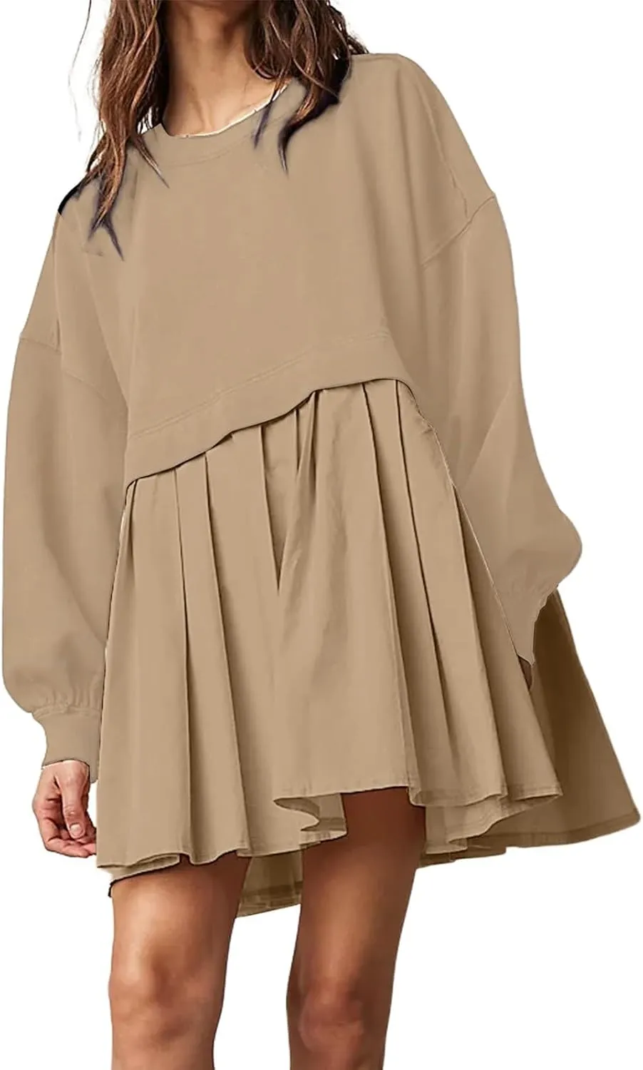 midelxp Womens Oversized Sweatshirt Dress Crewneck Patchwork Preppy Clothes Fall Long Sleeve Pullover Pleated Hem Mini Dress