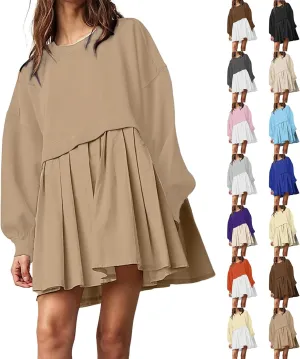 midelxp Womens Oversized Sweatshirt Dress Crewneck Patchwork Preppy Clothes Fall Long Sleeve Pullover Pleated Hem Mini Dress