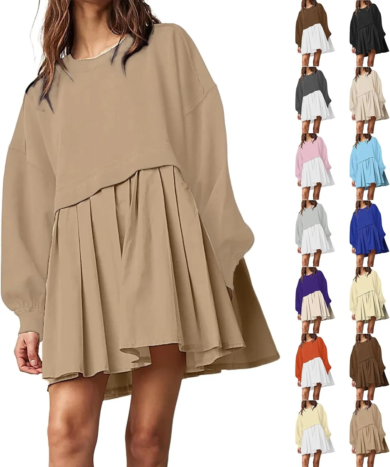 midelxp Womens Oversized Sweatshirt Dress Crewneck Patchwork Preppy Clothes Fall Long Sleeve Pullover Pleated Hem Mini Dress