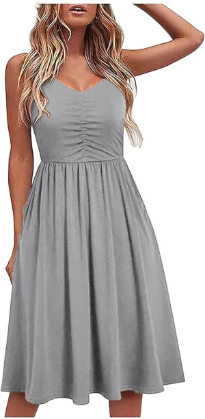 Midi Summer Dress V-Neck Temperament Women's Sling Dress Lace-up Knee-Length Women Gowns and Evening Dresses Plus