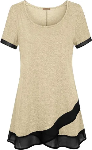 Miusey Womens Short Sleeve Tunic Tops Scoop Neck Asymmetrical Hem Tunics Chiffon Patchwork Flowy Tunic Shirts for Leggings