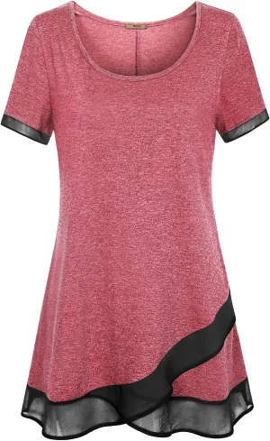 Miusey Womens Short Sleeve Tunic Tops Scoop Neck Asymmetrical Hem Tunics Chiffon Patchwork Flowy Tunic Shirts for Leggings