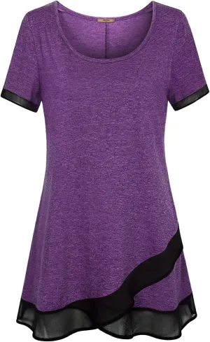 Miusey Womens Short Sleeve Tunic Tops Scoop Neck Asymmetrical Hem Tunics Chiffon Patchwork Flowy Tunic Shirts for Leggings