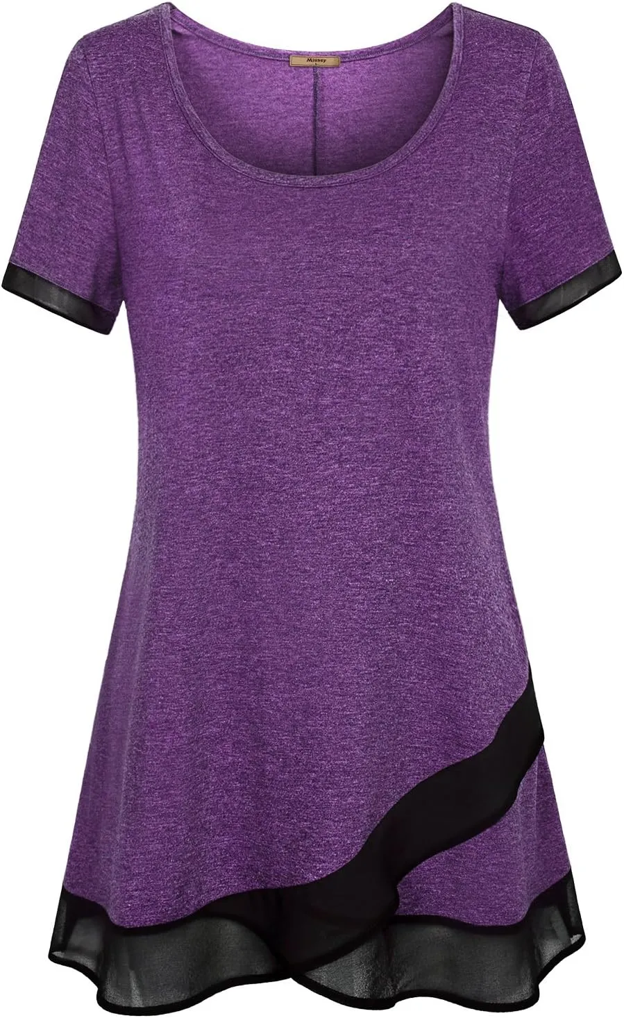 Miusey Womens Short Sleeve Tunic Tops Scoop Neck Asymmetrical Hem Tunics Chiffon Patchwork Flowy Tunic Shirts for Leggings