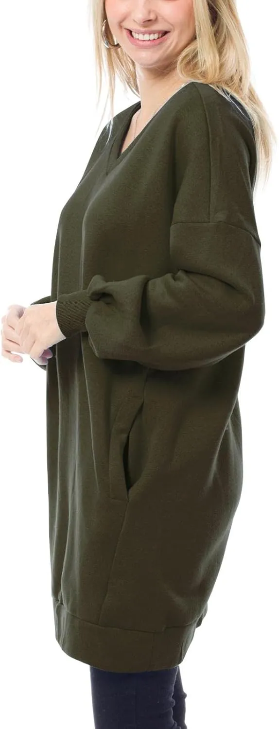 MixMatchy Women's Oversized V-Neck Tunic Sweatshirt with Side Pockets