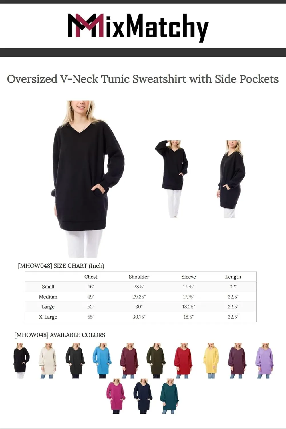 MixMatchy Women's Oversized V-Neck Tunic Sweatshirt with Side Pockets