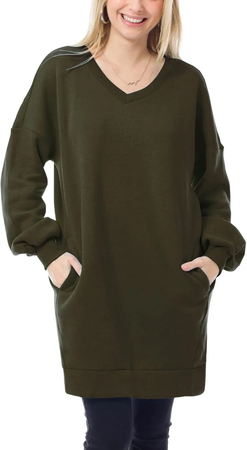 MixMatchy Women's Oversized V-Neck Tunic Sweatshirt with Side Pockets