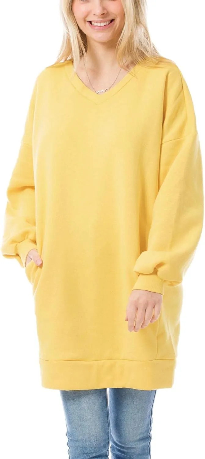 MixMatchy Women's Oversized V-Neck Tunic Sweatshirt with Side Pockets