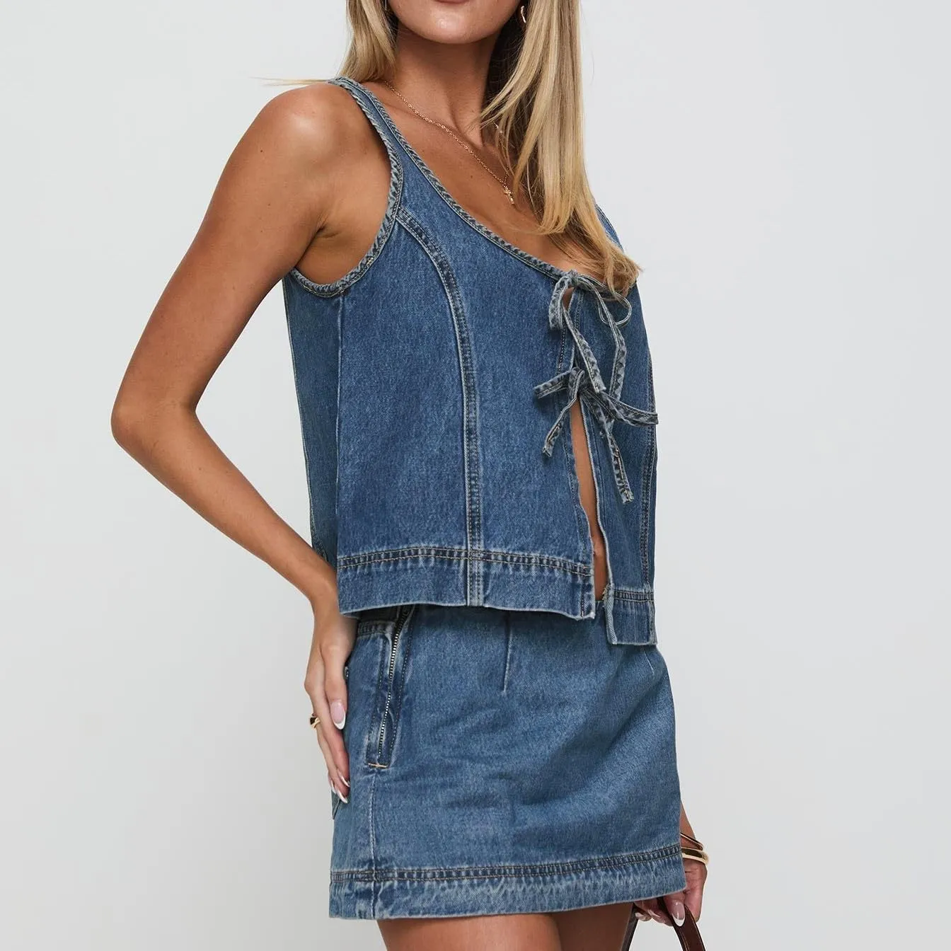 Molilove Women's 2 Piece Denim Outfits Tie Up Sleeveless Top Shorts Set Tracksuit Y2k Two Piece Jeans Set Vacation Outfits