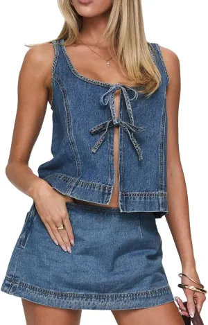 Molilove Women's 2 Piece Denim Outfits Tie Up Sleeveless Top Shorts Set Tracksuit Y2k Two Piece Jeans Set Vacation Outfits