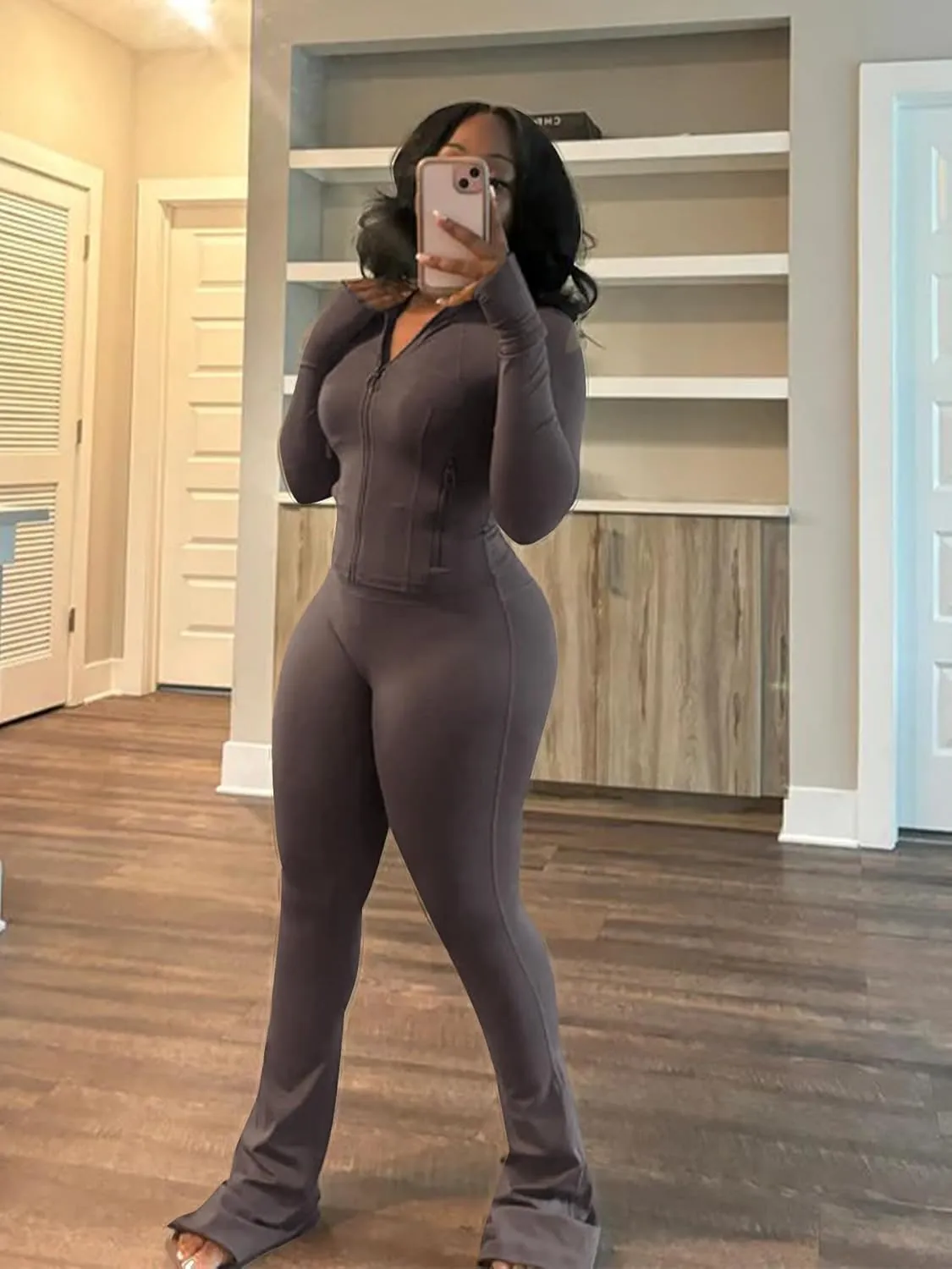 Molilove Womens 2 Piece Outfits Lounge Sweatsuit Set Long Sleeve Zipper Crop Jacket Long Flare Pants Tracksuits Workout Set