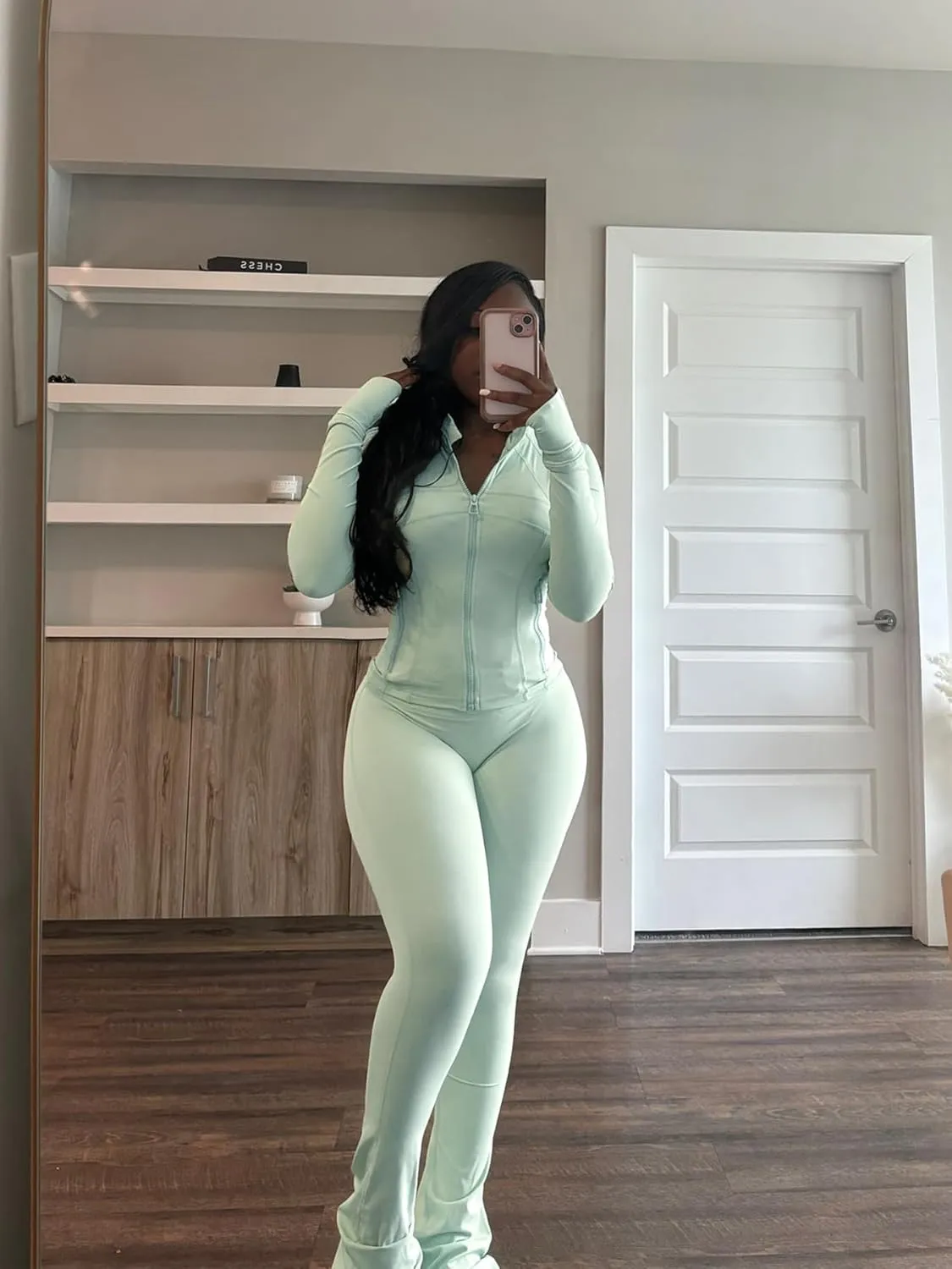 Molilove Womens 2 Piece Outfits Lounge Sweatsuit Set Long Sleeve Zipper Crop Jacket Long Flare Pants Tracksuits Workout Set