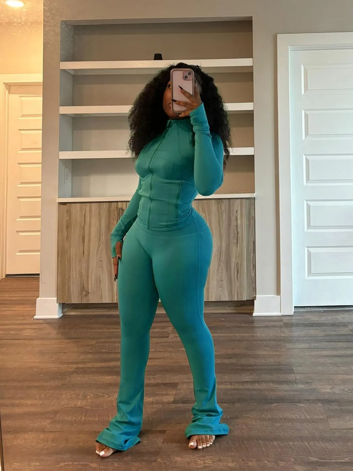 Molilove Womens 2 Piece Outfits Lounge Sweatsuit Set Long Sleeve Zipper Crop Jacket Long Flare Pants Tracksuits Workout Set