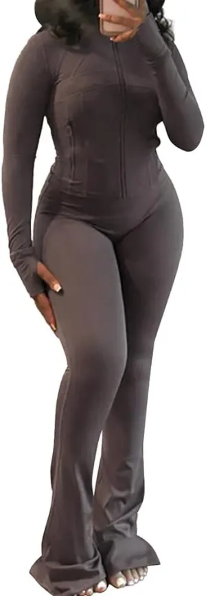 Molilove Womens 2 Piece Outfits Lounge Sweatsuit Set Long Sleeve Zipper Crop Jacket Long Flare Pants Tracksuits Workout Set