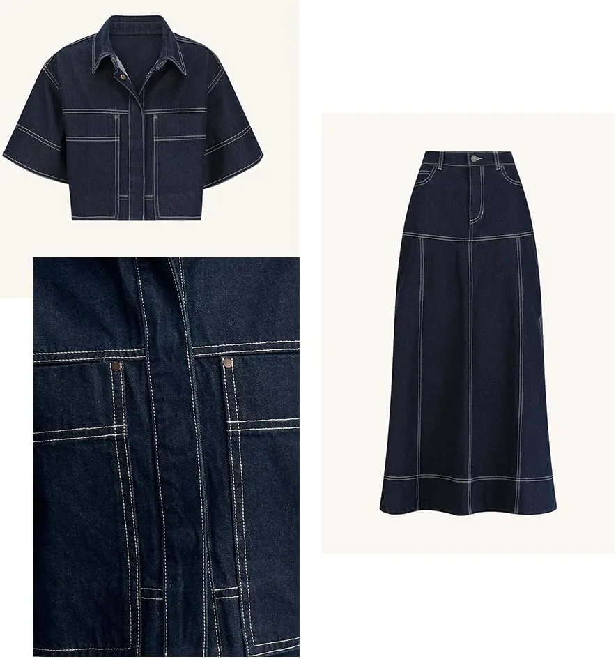 Molilove Women's Denim Set 2 Piece Outfits Casual Denim Shirt Maxi Skirt Set Jean Outfits Vintage Y2k Two Piece Streetwear