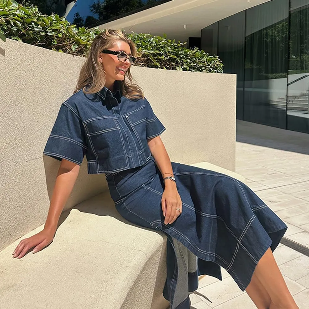 Molilove Women's Denim Set 2 Piece Outfits Casual Denim Shirt Maxi Skirt Set Jean Outfits Vintage Y2k Two Piece Streetwear