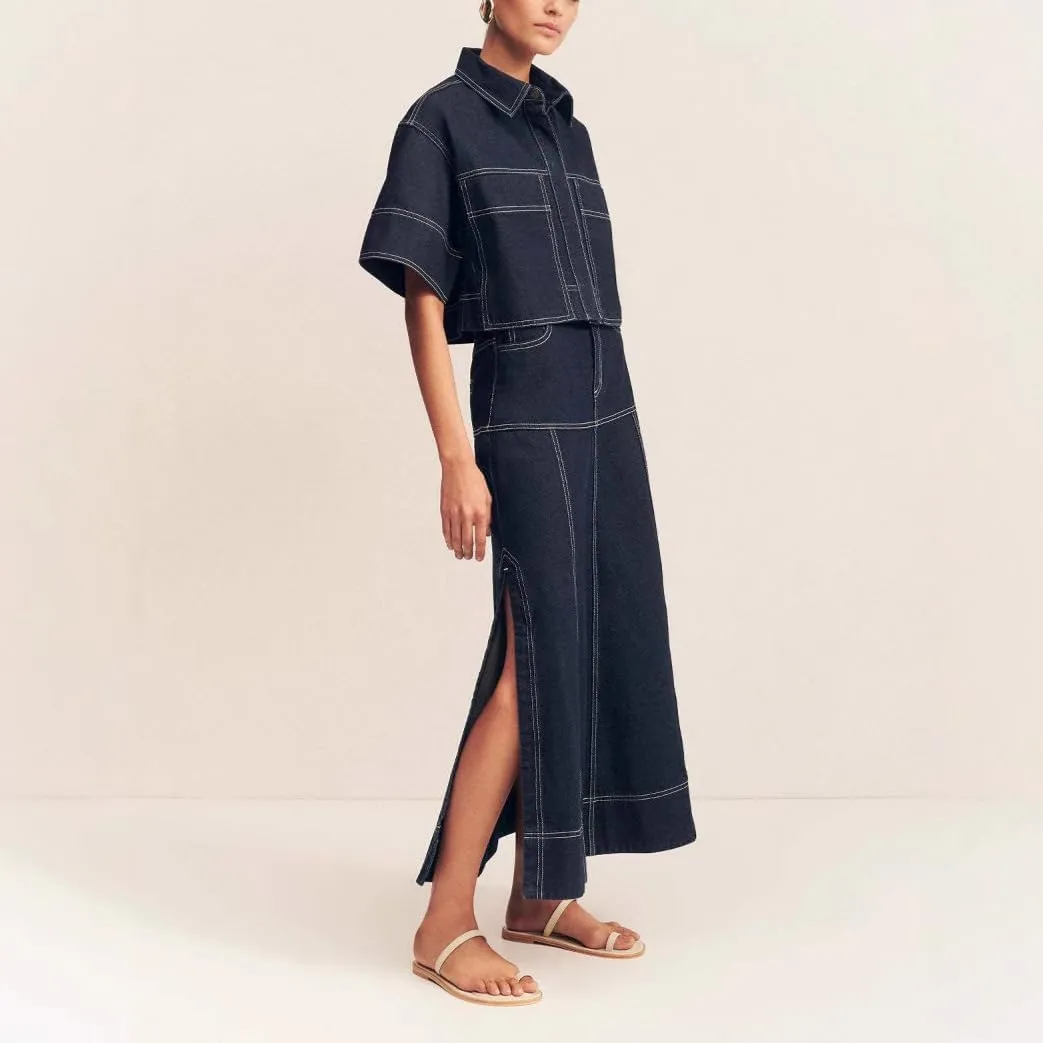 Molilove Women's Denim Set 2 Piece Outfits Casual Denim Shirt Maxi Skirt Set Jean Outfits Vintage Y2k Two Piece Streetwear