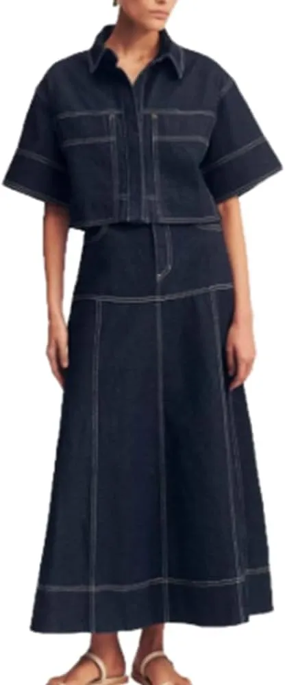 Molilove Women's Denim Set 2 Piece Outfits Casual Denim Shirt Maxi Skirt Set Jean Outfits Vintage Y2k Two Piece Streetwear