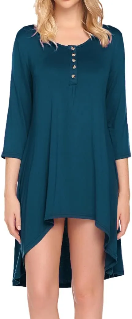Naggoo Women's 3/4 Sleeve Button V Neck High Low Loose Fit Casual Long Tunic Tops Tee Shirts S-3XL
