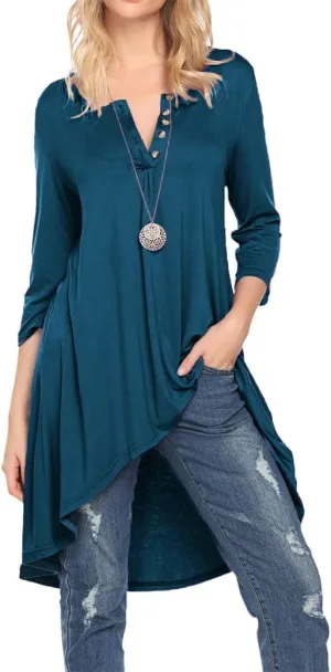 Naggoo Women's 3/4 Sleeve Button V Neck High Low Loose Fit Casual Long Tunic Tops Tee Shirts S-3XL
