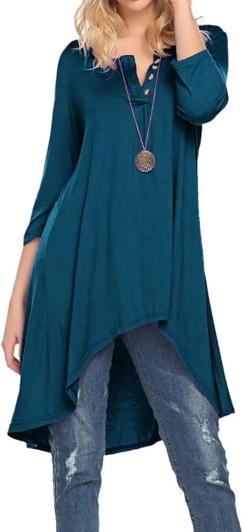 Naggoo Women's 3/4 Sleeve Button V Neck High Low Loose Fit Casual Long Tunic Tops Tee Shirts S-3XL