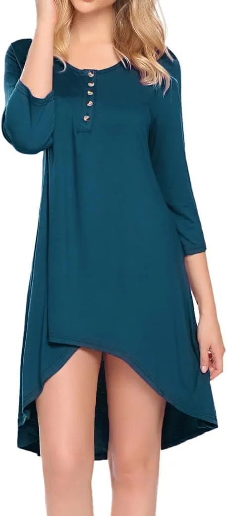 Naggoo Women's 3/4 Sleeve Button V Neck High Low Loose Fit Casual Long Tunic Tops Tee Shirts S-3XL