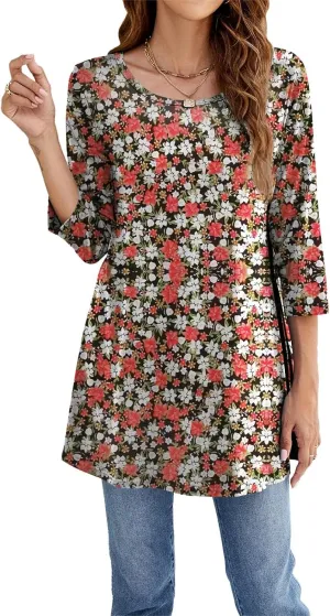 Naggoo Women's 3/4 Sleeve Crew Neck Swing Flare Loose Fit Casual Tunic Tops Tee Shirts M-3XL