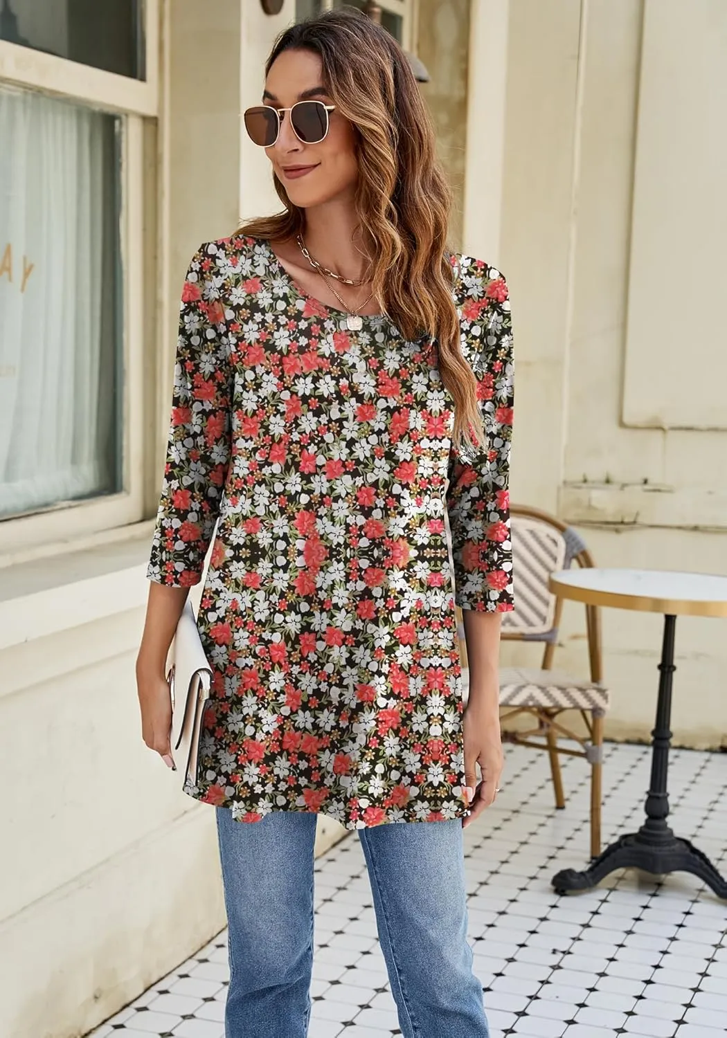 Naggoo Women's 3/4 Sleeve Crew Neck Swing Flare Loose Fit Casual Tunic Tops Tee Shirts M-3XL
