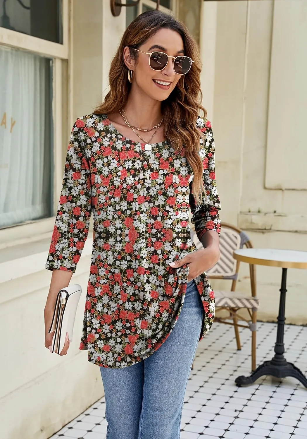 Naggoo Women's 3/4 Sleeve Crew Neck Swing Flare Loose Fit Casual Tunic Tops Tee Shirts M-3XL