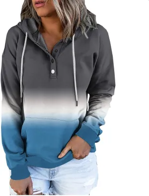 nerohusy Women Casual Button Pullover Sweatshirt V Neck Hoodies Oversized Hooded Tops with Pockets Tie Dye Long Sleeve