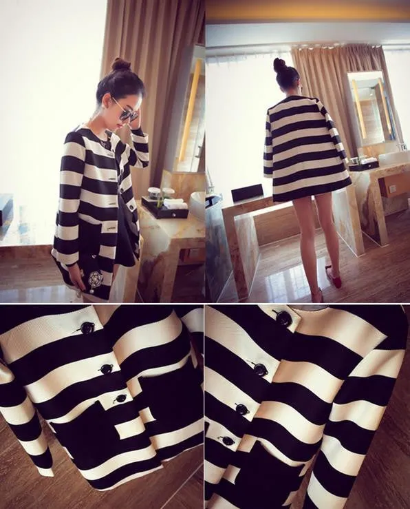 New Autumn Women Outerwear Striped Printed Jacket Slim Casual Coat