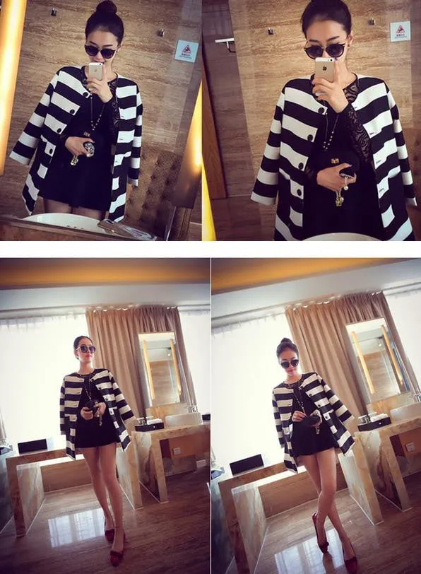 New Autumn Women Outerwear Striped Printed Jacket Slim Casual Coat