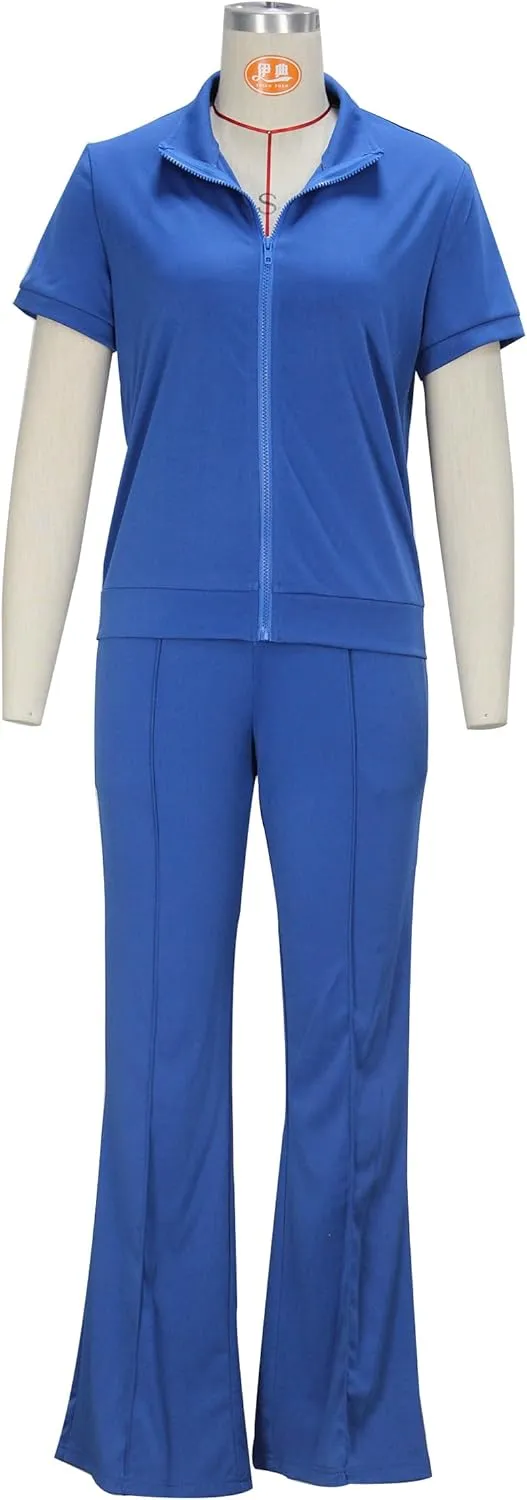 OCEANLUX Women's Lounge Tracksuit Set Two Piece Full Zip Up Short Sleeve Jacket & Drawstring pants Outfits