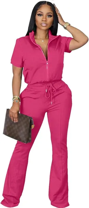 OCEANLUX Women's Lounge Tracksuit Set Two Piece Full Zip Up Short Sleeve Jacket & Drawstring pants Outfits