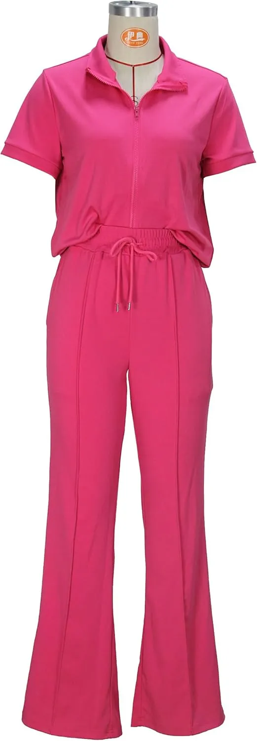 OCEANLUX Women's Lounge Tracksuit Set Two Piece Full Zip Up Short Sleeve Jacket & Drawstring pants Outfits