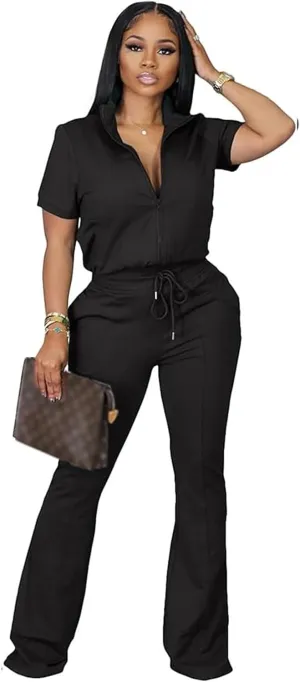 OCEANLUX Women's Lounge Tracksuit Set Two Piece Full Zip Up Short Sleeve Jacket & Drawstring pants Outfits