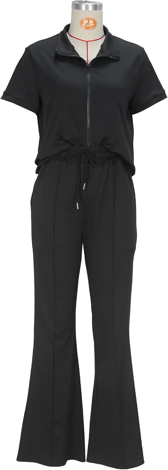 OCEANLUX Women's Lounge Tracksuit Set Two Piece Full Zip Up Short Sleeve Jacket & Drawstring pants Outfits