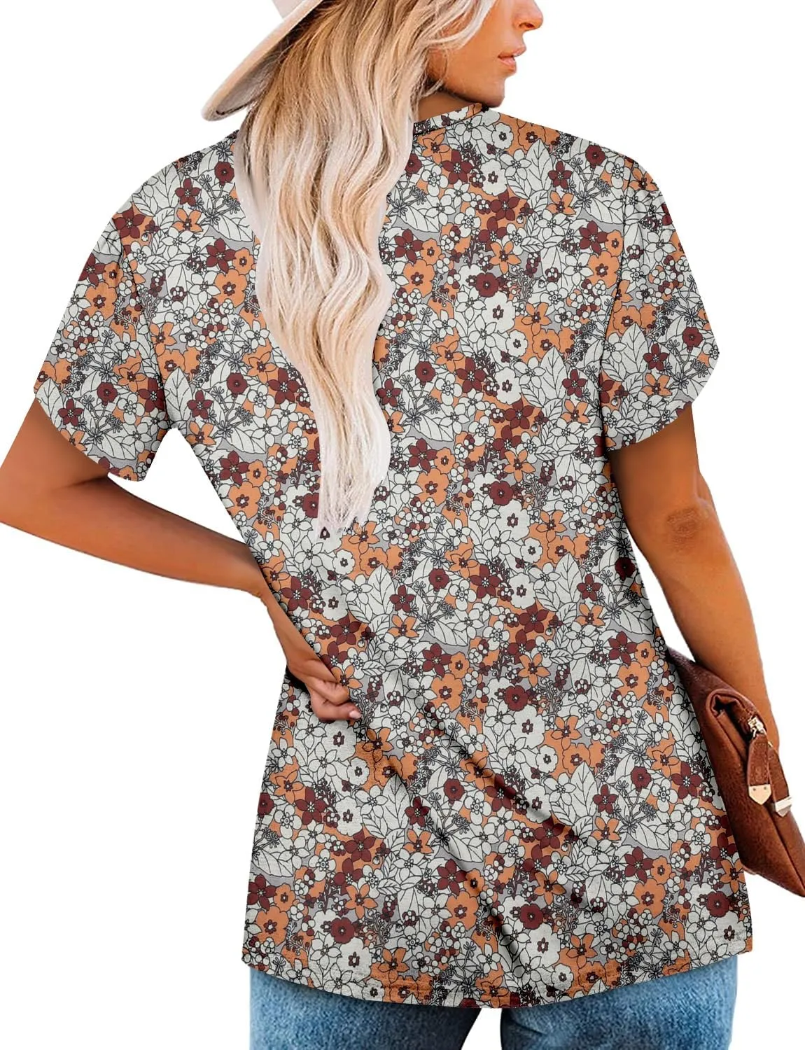 onlypuff Womens T Shirts Short Sleeve Pleated Floral Tunic Tops Dressy Casual Crew Neck Summer Boho Tops Blouses