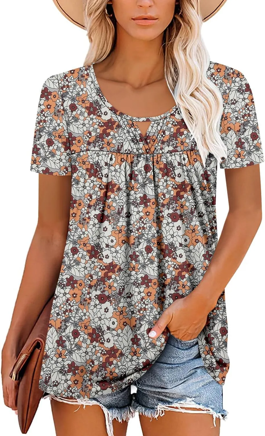 onlypuff Womens T Shirts Short Sleeve Pleated Floral Tunic Tops Dressy Casual Crew Neck Summer Boho Tops Blouses