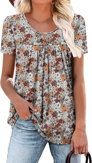 onlypuff Womens T Shirts Short Sleeve Pleated Floral Tunic Tops Dressy Casual Crew Neck Summer Boho Tops Blouses