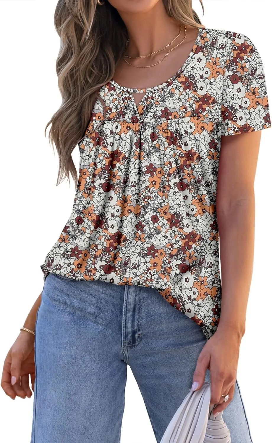 onlypuff Womens T Shirts Short Sleeve Pleated Floral Tunic Tops Dressy Casual Crew Neck Summer Boho Tops Blouses